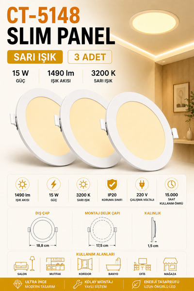 Yenilig 3 Adet CT-5148 Slim Panel 15W 3200K Sarı Işık – 18,8 cm Çap – 17,5 cm...