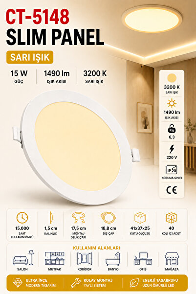 Yenilig CT-5148 Slim Panel 15W 3200K Sarı Işık – 18,8 cm Çap – 17,5 cm Montaj...