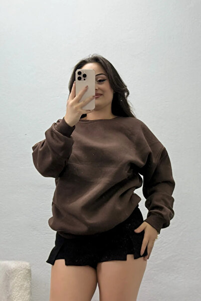 BELENDİR Women's Crew Neck Three Thread Sweatshirt Coffee