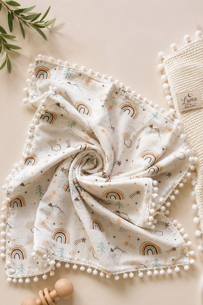 Luna Baby & Kids Pompom Muslin Baby Blanket 80X90 cm 100% Cotton Double-Sided Pique Baby Blanket