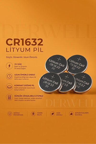 Derwell 5 Adet - CR1632 3V Lityum Düğme Pil - Saat Araba Anahtarı Tartı Kuman...