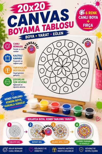 OYUNKAFASI Mandala Kanvas Boyama Seti 20x20 cm 6 Renk Boya ve Fırça Dahil Çoc...