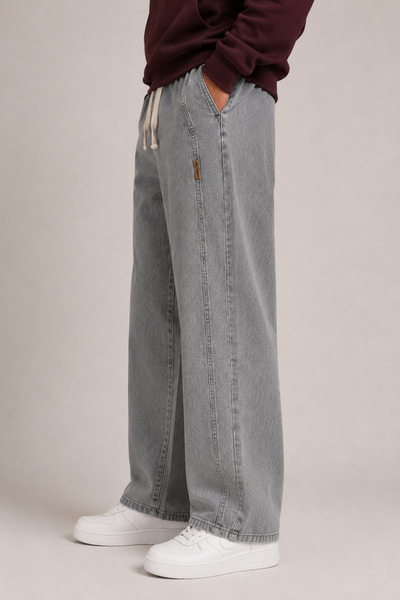 JESIAN Erkek Gri Beli Lastikli Bağcıklı Baggy Kot Pantolon – Esnek Jean Denim...