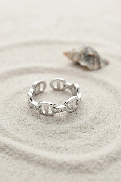 shopwave Silver Color Ship Chain Model Zircon Stone Women's Ring