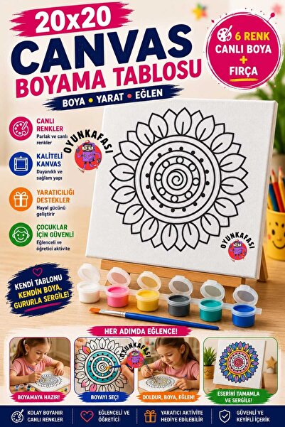OYUNKAFASI Çiçek Mandala Kanvas Boyama Seti 20x20 cm – 6 Renk Boya ve Fırça D...