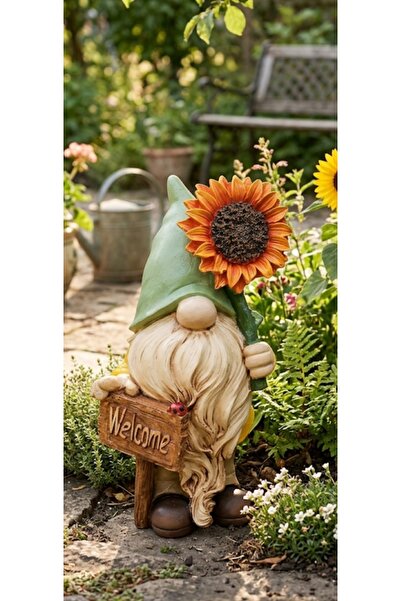 Eski Mahzen Design Ayçiçekli Welcome Bahçe Cücesi ( 30*14 cm)