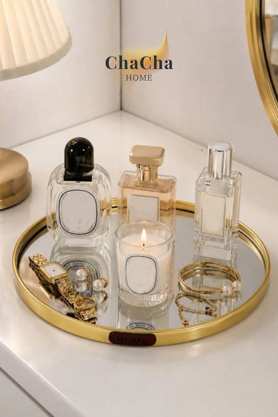 ChaCha Home Nordic Luxury Mirrored Decorative Presentation Tray |   Home Detailed Round Perfume, Jewelry and Cosmetic Organizer