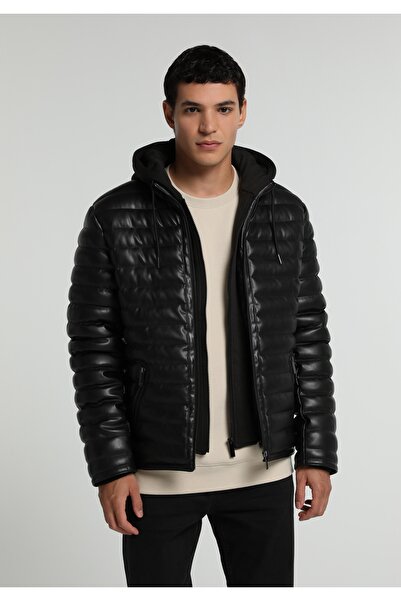 Colin's Slim Fit Hooded Zippered Lined Men's Black Coat Pu