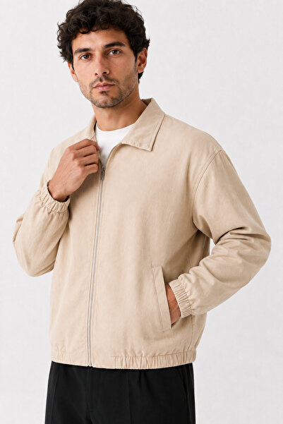 Maison Rae Erkek Bej Premium, Gabardin, Fermuarlı Polo Yaka, Oversize, Mevsim...