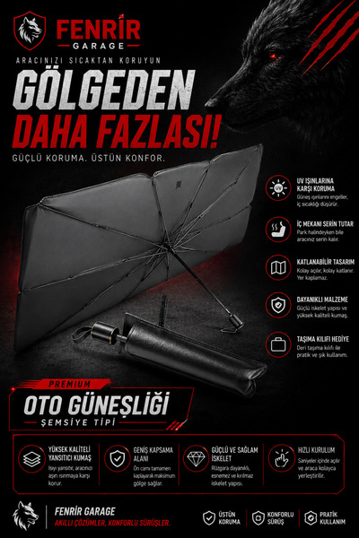 Fenrir Garage Şemsiye Tipi Oto Güneşliği Katlanabilir Ön Cam Güneş Koruyucu •...