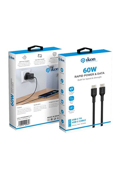 Ikon 60W USB Type-C to USB Type-C Cable, Black/White, 1.2m, IK-IDCC060