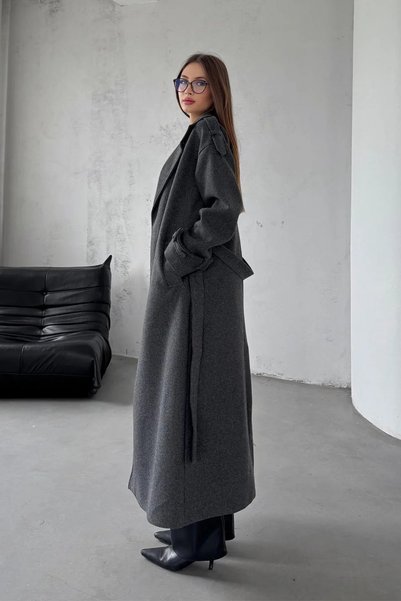 NET OF NOT Anthracite Belted New Season Lined Premium Quality Comfortable Fit Women's Cashmere Coat