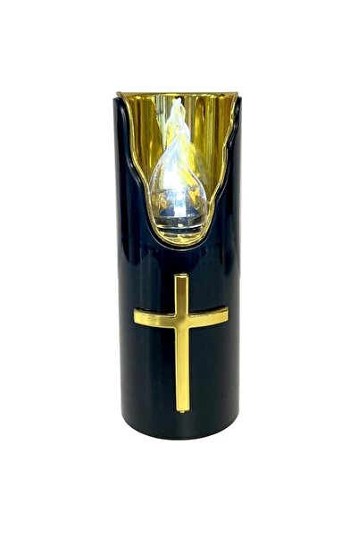 LCA Candela Electronica Neagra, Flacara Alba, Ornament Cruce Aurie, 125 x 50 ...