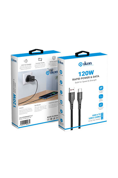 Ikon 120W USB Type-A to USB Type-C Cable, 1.2 m, Black/White, IK-IDUC120