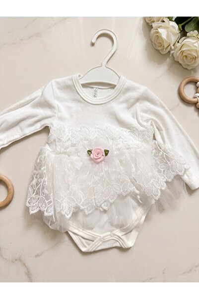 Harry&Millie Baby Girl Snap-Button Dress with Lace and Flowers, White Baby Gift