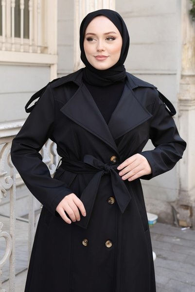 MİSSKAYLE Belted Double-Breasted Long Trench Coat Black 2028