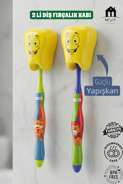 MUF HOME 2'li Gülen Diş Figürlü Yapışkanlı Diş Fırçası Kabı - Duvar Tipi Hijy...