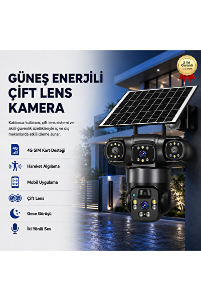 hızlı store Güneş Enerjili 4G SIM Kartlı Kablosuz Güvenlik Kamerası Çift Lens...