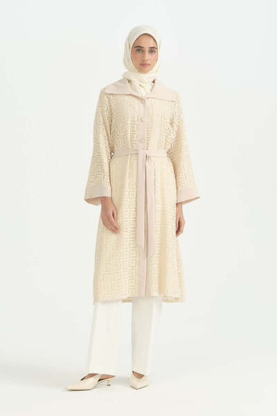 Nihan Comfortable Fit Lace Abaya - Beige
