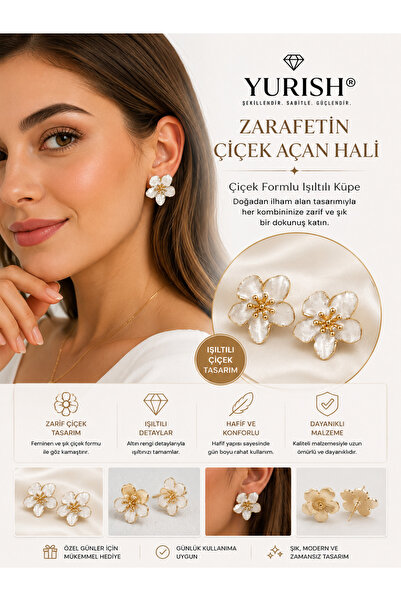 YURISH Kadın Gold Beyaz Gri Sedefli Çiçek Figürlü Mineli Model 2'li Küpe