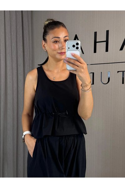 Siyah Beli Ayarlanabilir Bluz Pantolon İkili Takım