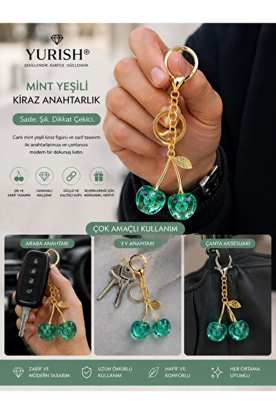 YURISH Gold Zincir Mint Yeşili Kiraz Meyve Figürlü Su Yeşili Charm Anahtarlık Aksesuar