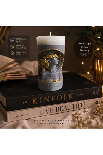 YAGMUR CANDLES El Yapımı Heykel Figürlü Soya Mum – Gri & Gold Dekoratif Sanat...