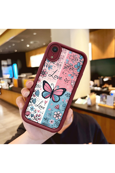 Hontinga iPhone Xr Compatible Case Camera Protector Stitch Pattern Maroon Lov...