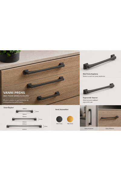 Prens Mobilya Kulpu 128-224mm Mat Füme/Mat Gold