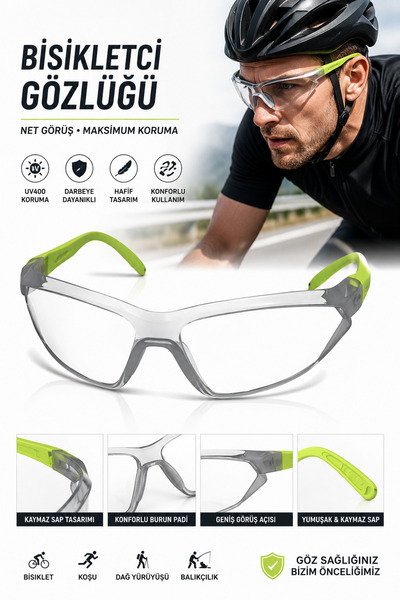 NUBLADO Spor Gözlüğü UV400 Korumalı Şeffaf Lens Darbeye Dayanıklı Hafif Kaymaz Saplı Bisiklet Koşu Gözlüğü