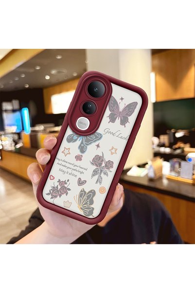 Hontinga Vivo V50 Lite Compatible Case Camera Protector Heart Pattern Burgund...