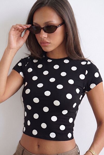 GIA - ART Women's Slim Blouse Luna Dot Polka Dot Printed Black – Lycra Ribbed...