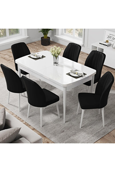 Modella Set masă extensibilă albă cu 6 scaune negre Eva
