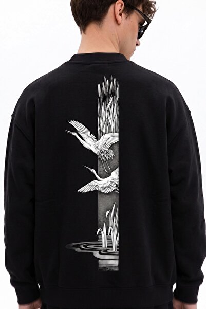 The Champ Clothing Men's Oversize Sweatshirt Heron Line Printed Black – Crew ...