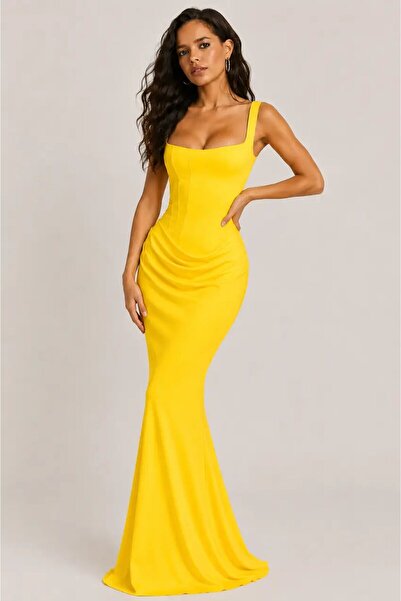 CARLA MARA Maxi Length Adjustable Corset Detailed Dress – Yellow