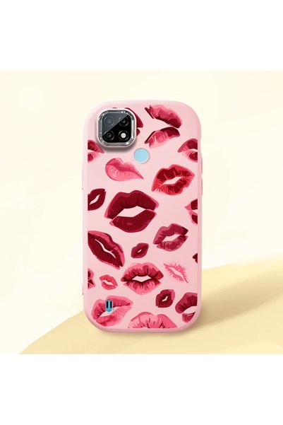 Hontinga Realme C21 Compatible Case Camera Protector Pink Kiss Patterned Sili...