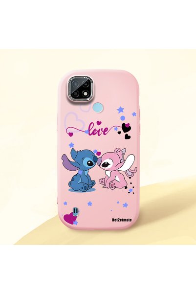 Hontinga Realme C21 Compatible Case Camera Protector Pink Stitch Patterned Si...