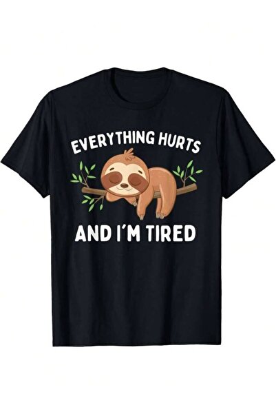 k222 تي شيرت بطباعة "Everything Hurts And I'm Tired" - تي شيرت أسود بقصة مريح...