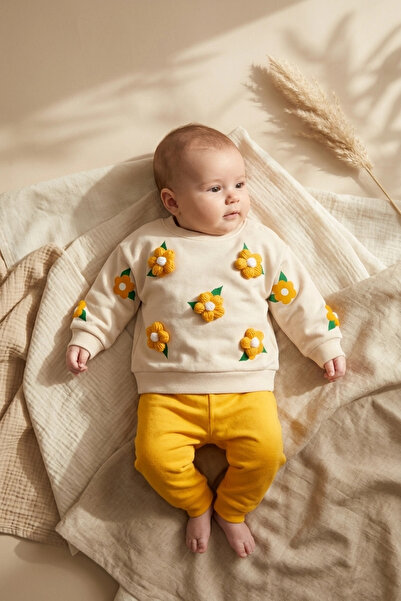 Babydonat Daisy Bloom Floral Patterned Cream Sweatshirt and Mustard Sweatpant...