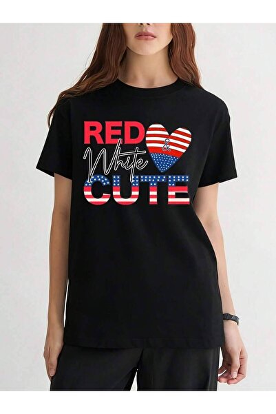 k222 Women's Round Neck-Shirt, Red White Heart Patriotic Digital Print, Breat...