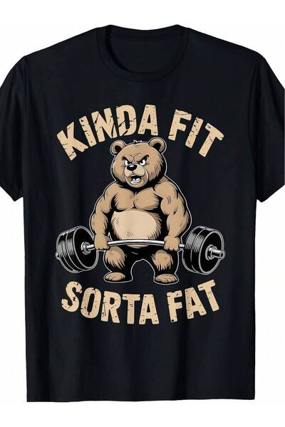 29CUN تي شيرت مضحك بطبعة دب رافع أثقال بتصميم ريترو وشعار 'Kinda Fit Sorta'، ...