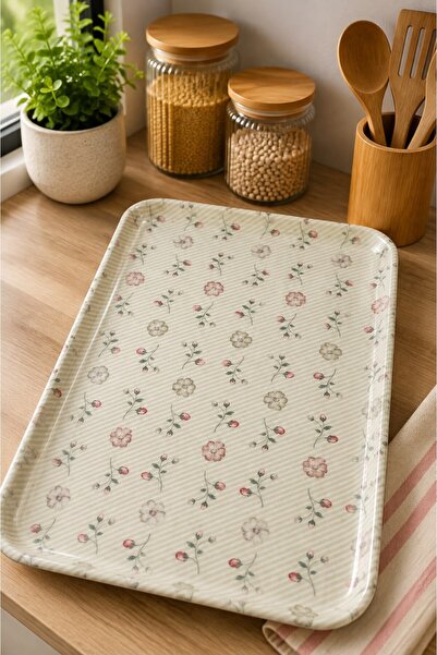 Raneel Kazançlı Alışveriş Floral Patterned Presentation Tray Ecru