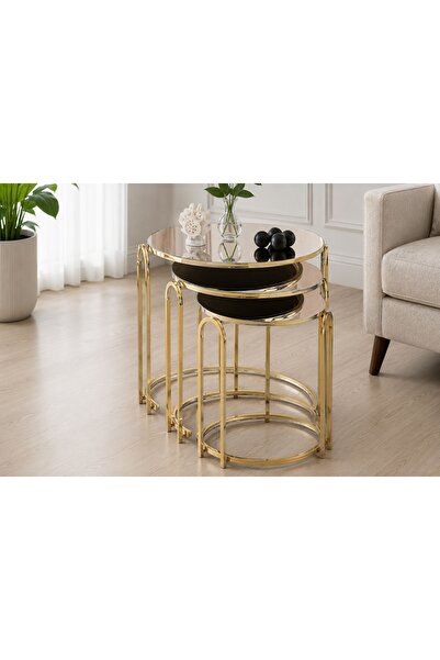 Vivense LENKA ÜÇLÜ ZİGON SEHPA, BRONZ AYNA GOLD KAPLAMALI