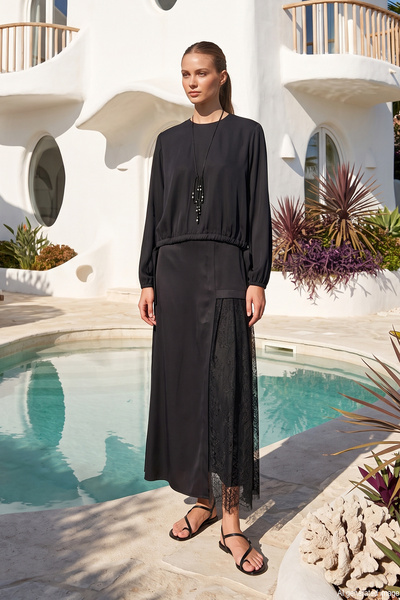 Lale Butik Tunic Waist Gathered Necklace Skirt Set 131137 Black