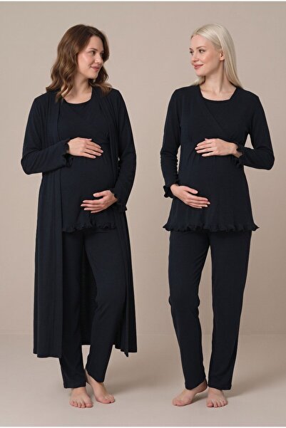 LOHOUSE Women's Navy Blue Double-Breasted Collar Breastfeeding Detailed Long ...