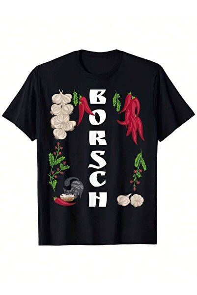 26LIK Men'S Crew Neck Short Sleeve-Shirt With 2D Printed BORSCH Slogan Garlic...