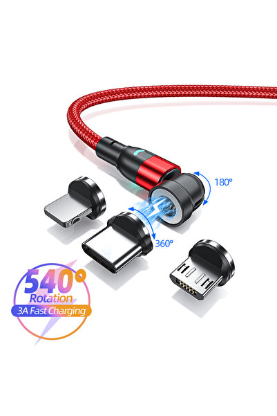 STECRA 3 Uçlu 540° Döner Manyetik Hızlı Şarj Kablosu Type-C Micro USB Lightning