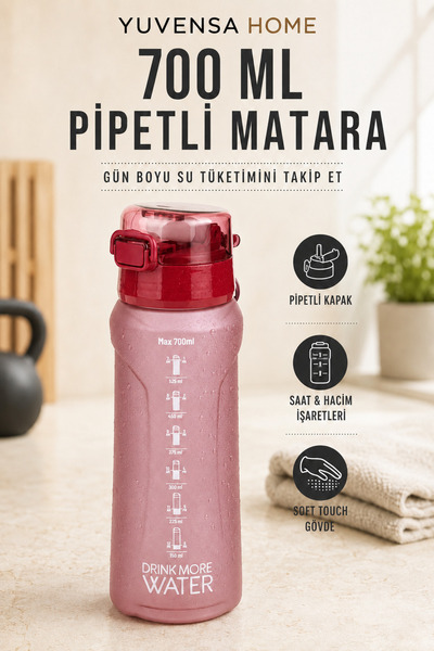 Yuvensa Home 700 ml Pipetli Motivasyon Su Matarası Saat ve Hacim Göstergeli S...