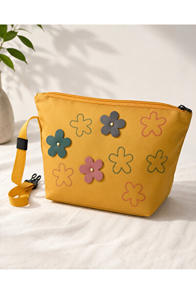 shereenmostadesigns Mustard Yellow Insulated Lunch Bag with Floral Leather De...