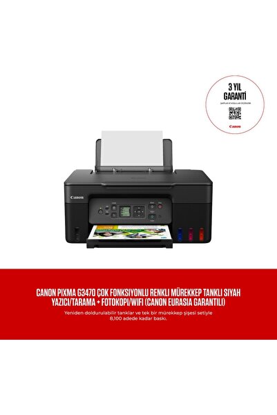 Canon PIXMA G3470 Çok Fonksiyonlu Renkli Mürekkep Tanklı Siyah Yazıcı/Tarama ...